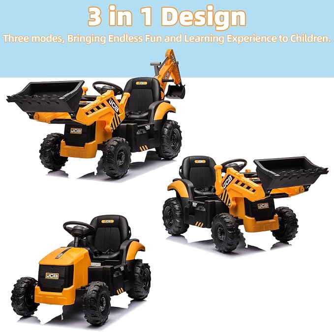 24V JCB Ride On Excavator for Kids, 3-in-1 Ride On Backhoe Digger with Front Loader & Rear Arm, Remote Control, Slow Start/Stop, Adjustable Speeds, Electric Construction Vehicle Toy for Ages 3–8