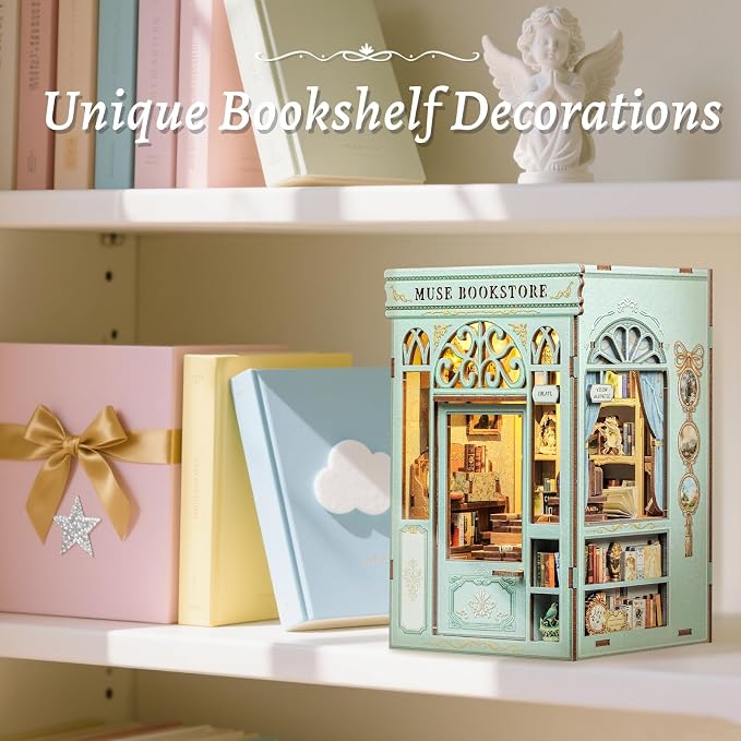Fsolis Book Nook Kit - 3D Wooden Puzzles for Adults (Muse Bookstore) | DIY Miniature House Kit Bookshelf Decor Gifts for Women Puzzle Lovers