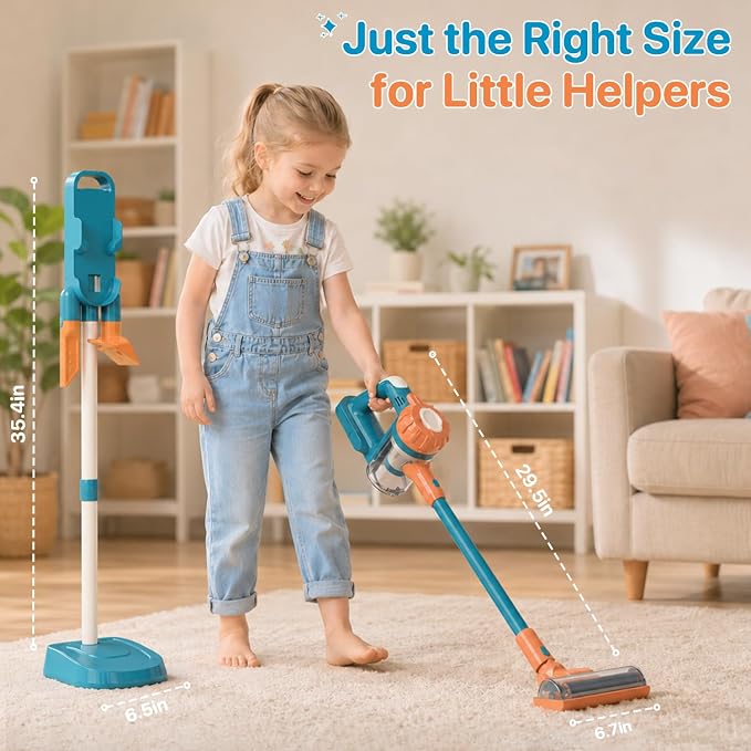 3-in-1 Kids Vacuum that Really Works - Toddler Vacuum Cleaner with Real Suction, Pretend Play Housekeeping & Cleaning Toy Set for Kids Ages 3+ (Blue)