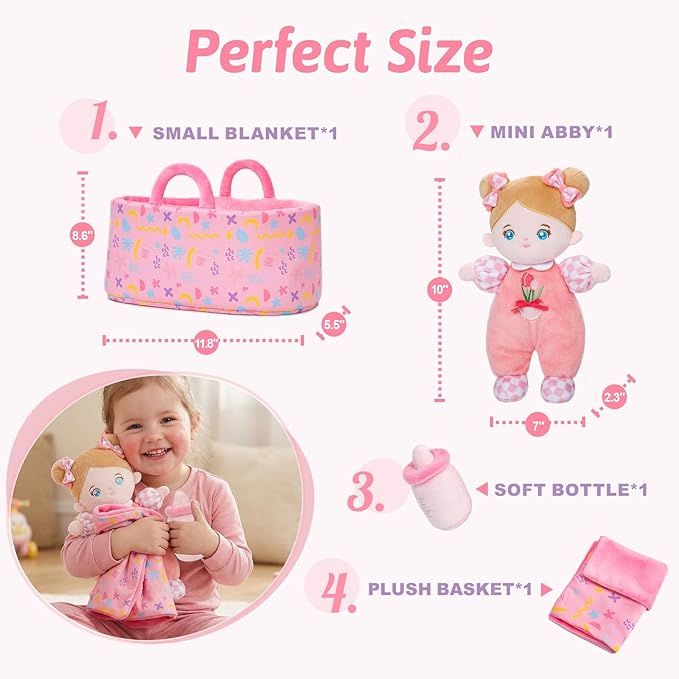 OUOZZZ Baby Doll Accessories with Soft Doll, Bassinet, Blanket and Bottle, Interactive Pretend Playset for Social Emotional Learning, Toy for 2 Year Old Girls