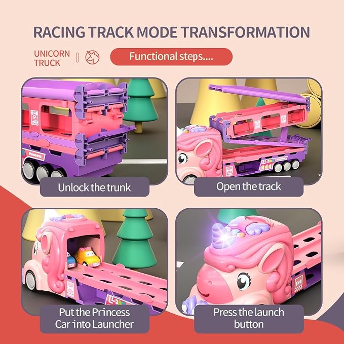 Girls Toy Cars Set Unicorn Toys Truck - 8 Princess Cars Set & 2-Player Fold Out Track with Light & Sound - Monster Catapult Race Tracks Best Birthday Gifts for Age 3 Year Old Toddler Kids 3-5