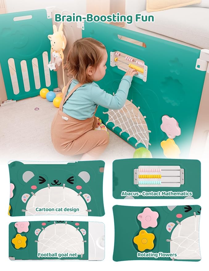Dripex Baby Playpen, 14-Panel Foldable Playard for Toddlers 6-36 Months, Adjustable & Portable Indoor Outdoor Safety Play Area with Anti-Pinch Design, Game Panel and Safety Gate, Green Brown