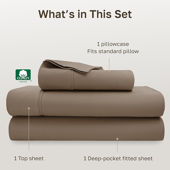 California Design Den Extra Long Twin Sheets Set - Soft 400 Thread Count Sateen, Natural 100% Cotton Twin XL Sheets Set, Deep Pockets with All Around Elastic for a Snug Fit, Durable Bedding - Mocha