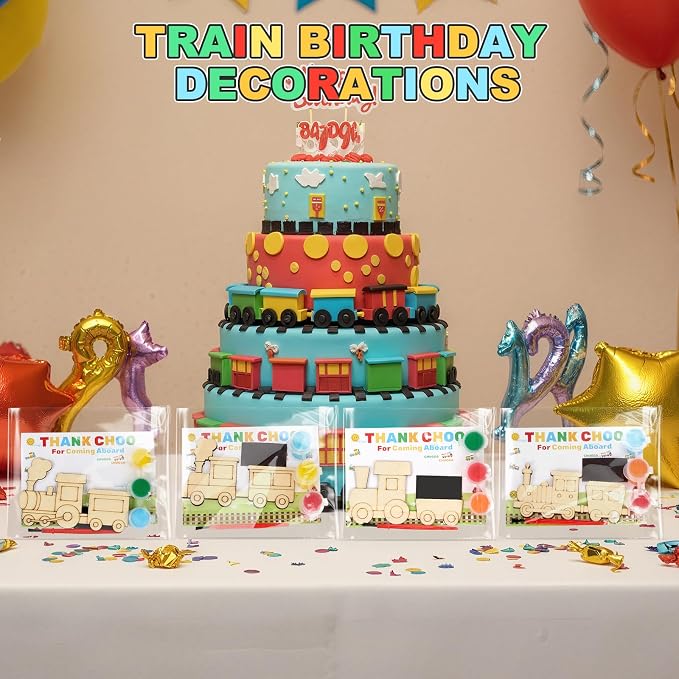 24 Set Train Party Favors, Train Birthday Party Supplies, Wood Trains Painting Crafts Kits, Magnets with Card for School DIY Activity Trains Theme Choo Choo Birthday Party Decor Thank You Gifts