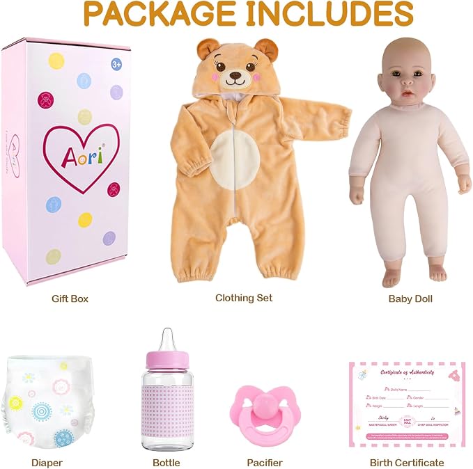 Aori 17 Inch Lifelike Baby Dolls Realistic Baby Doll with Lightweight Soft Body, Teddy Bear Outfit & Doll Accessories, Great for Role Play, Gift for Girls Age 3+