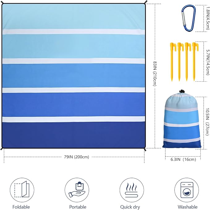 WIWIGO Beach Blanket Waterproof Sandproof Beach Mat 79" X 83"/10'x9'for 2-8 Adults Quick Drying Outdoor Picnic Mat Beach Accessories for Travel, Camping, Hiking