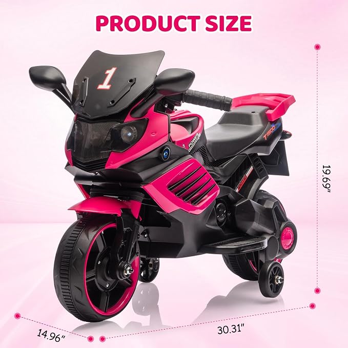 Kids Ride On Motorcycle, 6V Battery Powered Electric Motorcycle, w/Treaded Tires, Horn, Working Headlight, Music, Training Wheels, Stable Ride On Toys for Kids Toddler Boys Girls 3-6, Rosy