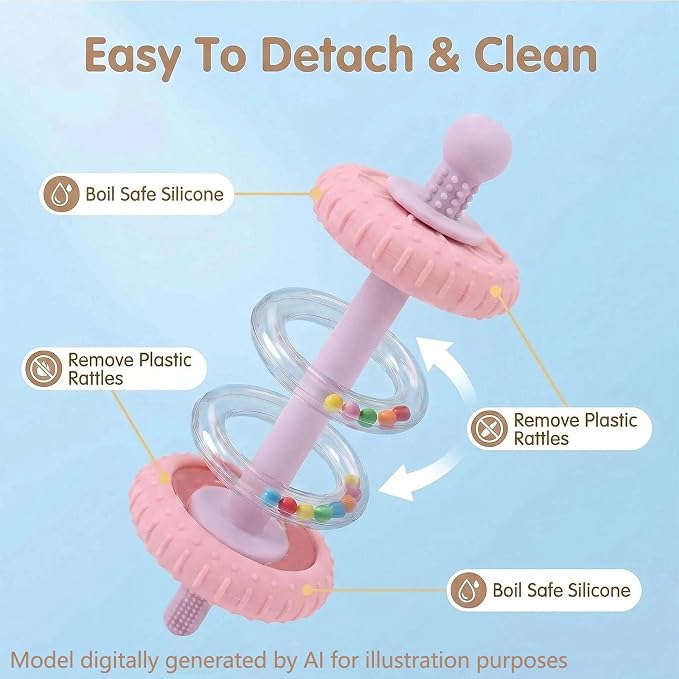 Baby Teething Toys Baby Rattle Teething Straw 3-in-1 Barbell-Shaped, Made from Silicone, Built-in Toothbrush Head and Nipple Shape, Bpa-Free, Phthalate Free, Professionally Certified, Pink