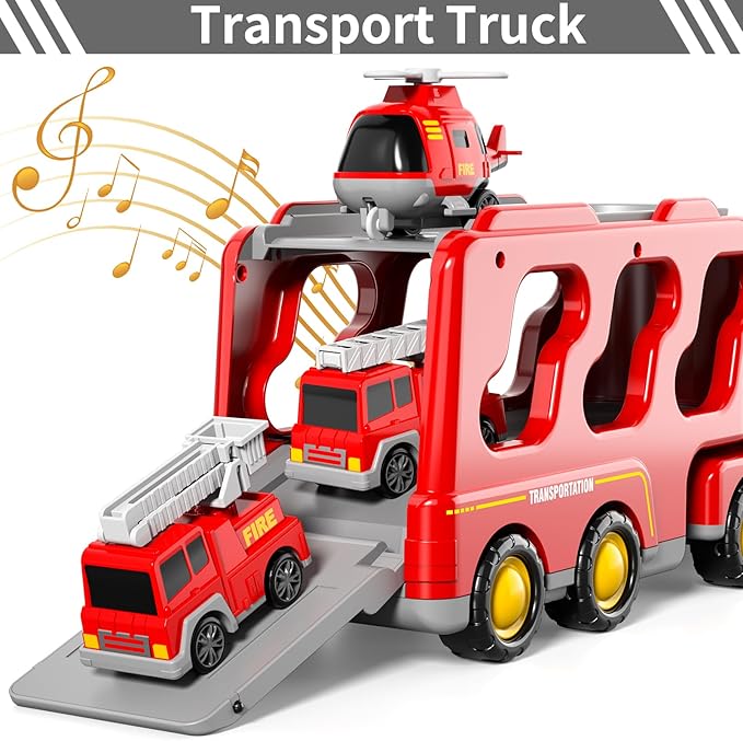 Bennol Fire Truck Toys for 1 2 3 4 5 Years Old Boys Toddlers, Cars Toys Gifts Fire Trucks with Ladder Fire Trucks & Helicopter, Toddler Car Toy Set for Kids Boys Girls