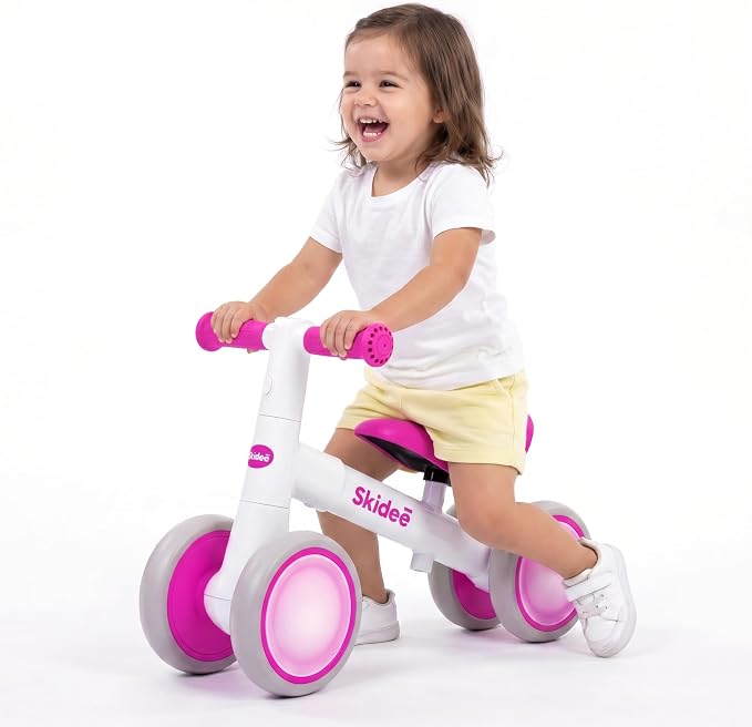SKIDEE Toddler Balance Bike 1-3, 4-Wheel Balance Bike with Rare Light-Motion-Activated LED Wheels, Adjustable Height & Child Safe Steering, Lightweight Ride-On Toy Training Bike for Boys & Girls