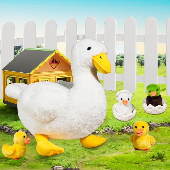7 in 1 Duck Stuffed Animal, 12" Zippered Mommy Stuffed White Duck Plush Toy with 4 Baby Ducklings and Eggs, Soft Duck Plushie Pillow for Kids Christmas Birthday Gift Farm Party