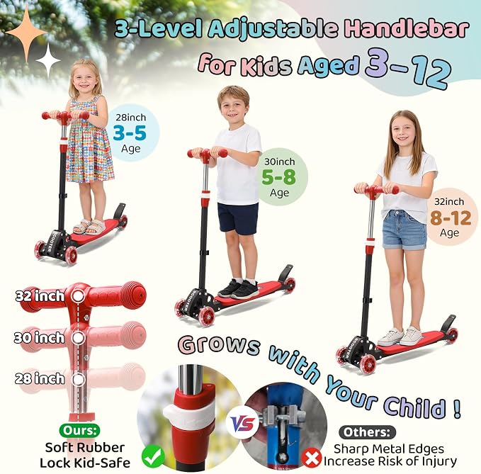 Kick Scooters for Kids 5-7 8-12,Lean to Steer,Three Wheeled Light Up,28"-32" Adjustable Handlebar,Widen Anti-Slip Deck,Floor Push Scooter for Boys Girls Ages 6-12 3-4 Old,Foldable for Travel