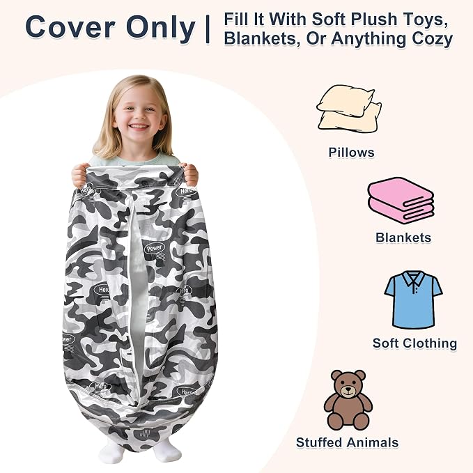 Lukeight Camo Stuffed Animals Storage Bean Bag Chair Cover for Adult Teen, Cozy Velvet Plush Toy Organizer Seat, Cover Only, No Filling Included, Long YKK Zipper, Side Pocket, XXX-Large 42 x 23 in