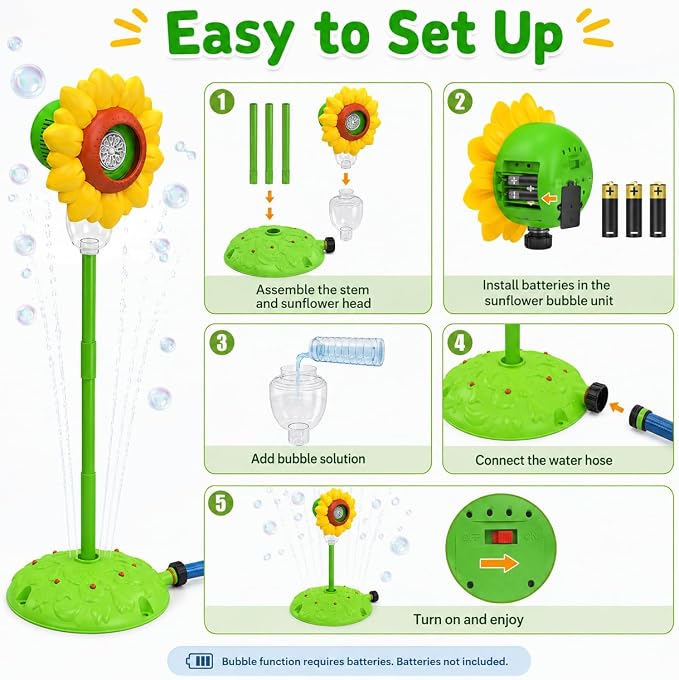 Sunflower Water Sprinkler with Bubble Machine, 4-in-1 Outdoor Sprinkler Toy for Kids with Bubbles, Lights and Music, Garden Hose Splash Toy for Backyard and Summer Parties(Sunflower)