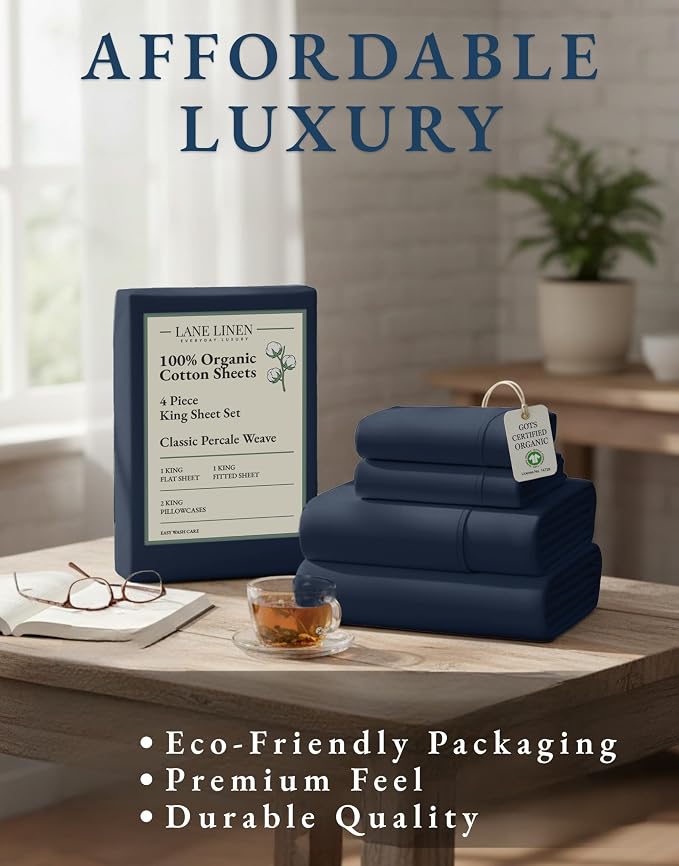 LANE LINEN King Sheet Set 100% Organic Cotton Cooling Soft 4pc - Navy | King Sheet Set, Organic Cotton Percale - Crisp, Cool & Breathable, For Hot Sleepers, All-Season Comfort, For Master Bedrooms
