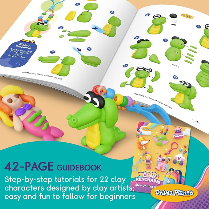 Drama Planet Make Your Own Clay Keychains – Air Dry Clay Craft Kit for Kids Ages 6 and Up, Create 8+ Charms and Bag Decorations, Great Gift for Girls and Boys