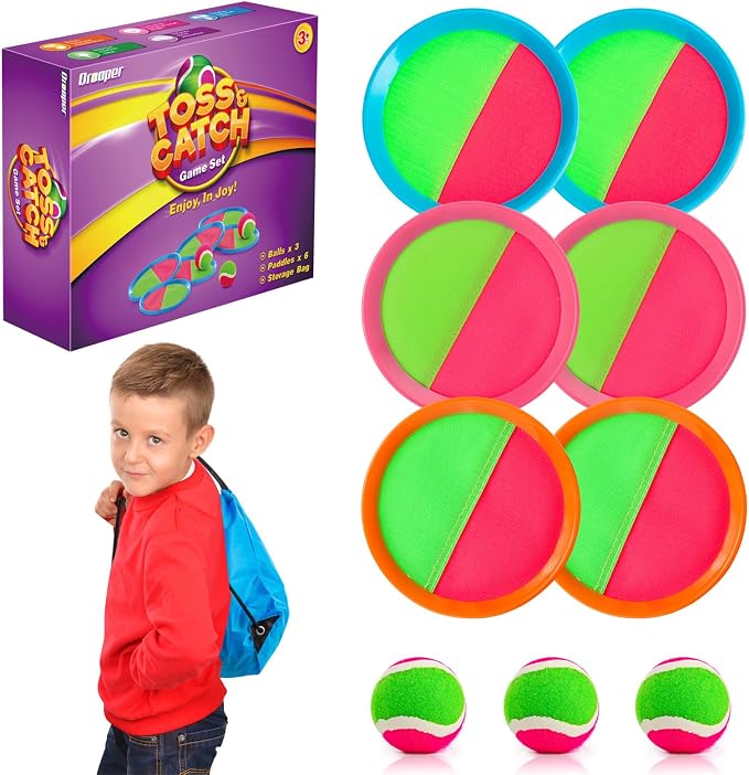 Toss and Catch Ball Game Outdoor Toys for Beach Pool Yard Camping, Outside Games for Kids Ages 3-12 & Family, Boys Birthday Gift, 6 Paddles 3 Sticky Balls & Carry Bag