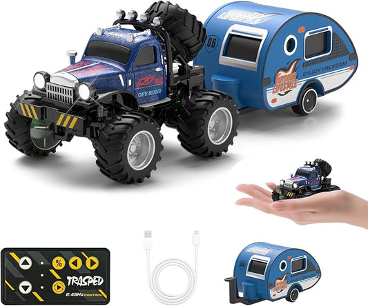 Snugzy Mini RC Car 1:64 Scale RC Truck for Kids with Trailer 2.4Ghz Remote Control Rechargeable RC Cars Toy Gifts for Boys Girls Adult (Blue)