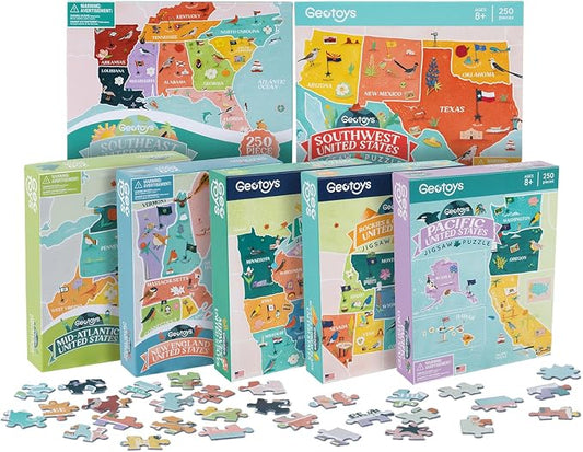 Geotoys USA Regional Jigsaw Puzzle Bundle - Set of 7 Jigsaw Puzzles for Kids Ages 8-12 - 250 Piece Puzzles for Kids Featuring New England, Midwest, Pacific & More – Regional US Map Puzzle with Flags