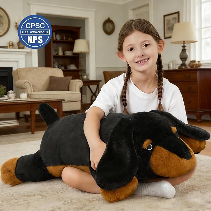 MorisMos Black Dachshund Stuffed Animal Body Pillow, 39-Inch Long Plush Weiner Dog Pillow for Dog Lovers, Soft Embroidered Lazy Eyes Sausage Dog Cuddle Pillow for Couch & Bed