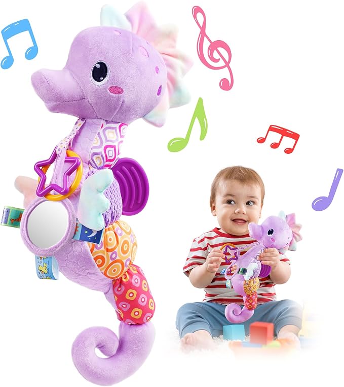 LIGHTDESIRE Baby Toys Musical Seahorse Sensory Infant Toys 0-6-12 Months | Stuffed Animals with Mirror|Crinkle|Rattle Baby Teething Toys Tummy Time for Newborn Boys Girls Shower Birthday Gifts
