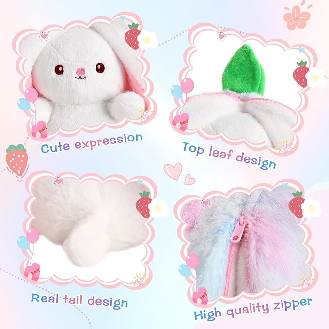 MIAODAM Rainbow Strawberry Bunny Stuffed Animal, Strawberry Bunny Plush Turn Into Rabbit Fruit Doll, Plushie Cute Bunny Toy for Kids (10 inch)