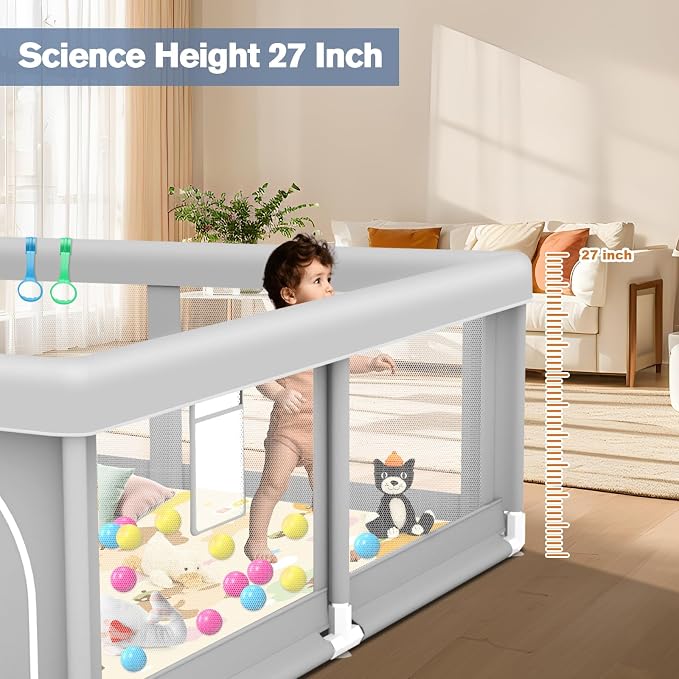 Baby Playpen with Mat, 50 x 50 inch, PlayPen for Babies and Toddlers, Sturdy Safety Play Pen with Soft Breathable Mesh (Ball and Pull Rings Included)