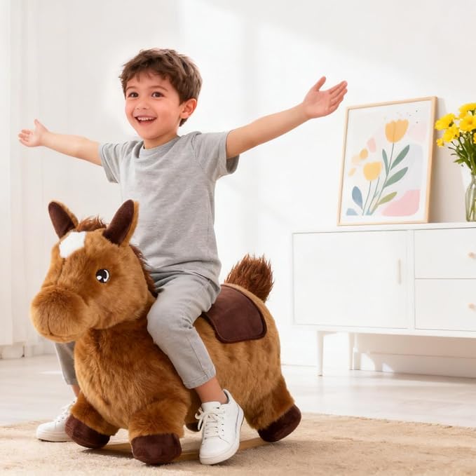 INPANY Bouncy Horse for Toddlers - Plush Brown Bouncing Horse Hopper, Ride on Animal Toys for Girls Boys, Outdoor Indoor Inflatable Horse Gifts - Plush Covered (Include Pump)