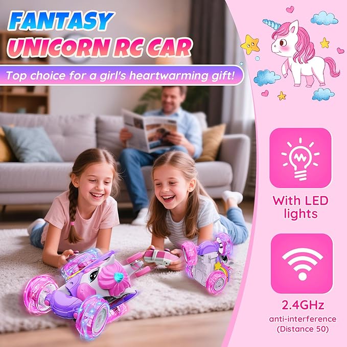 Unicorn Remote Control Car Toys for Girl - 360° Rotating Pink RC Stunt Cars 4WD Remote Cars for Kids, 2.4GHz Toy Car with LED Lights, Birthday Gift for 3 4 5 6 7 8 9 Year Old Girl
