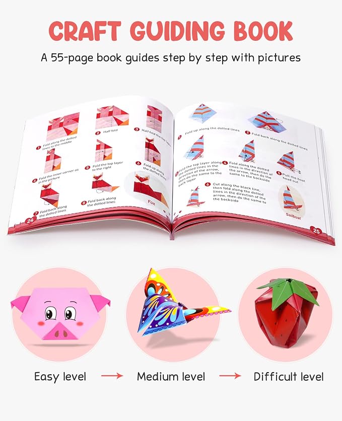 Gamenote Colorful Origami Kit for Kid 54 Projects 120 Double Sided Origami Paper 12 Sheets Practice Papers Instructional Origami Book Origami Gift for 4+ Kids Adult Beginner Training Craft, Daily Life