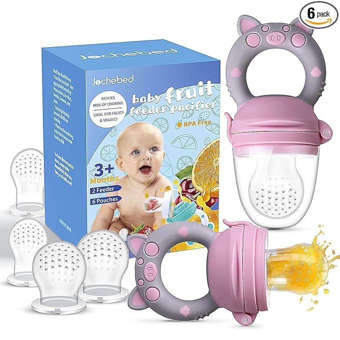 Baby Fruit Food Feeder Pacifier - Fresh Teething Pacifiers, Infant Fruit Teething Teether Toy for 3-24 Months, 6 Pcs Silicone Pouches for Toddlers & Kids & Babies, Piggy Handle 2-Pack (Pink & Gray)