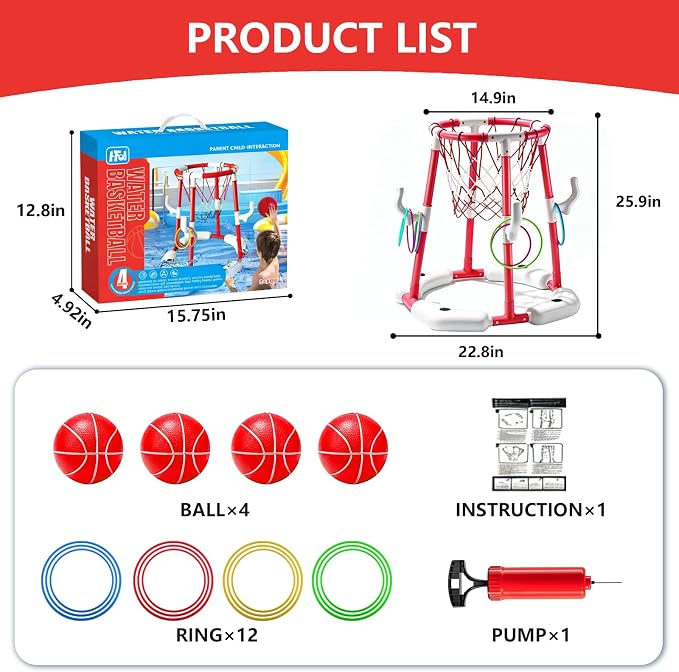 Pool Basketball Hoop with 4 Balls & 12 Rings, 2-in-1 Floating Pool Toys for Kids Adults, Water Game for Indoor Outdoor Swimming Backyard Party, Portable Summer Gifts for Boys Girls Ages 8-12, Red