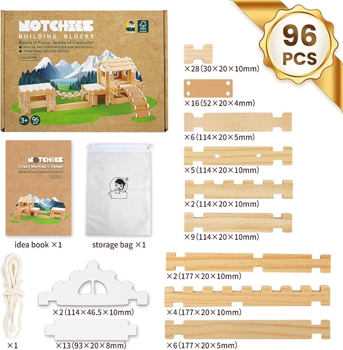Jovi-mindly＆Notchies 96 PCS Wooden Blocks Wooden Toys with Storage Bag, Preschool Learning Toys Wood Blocks Building for Kids Ages 4-8 Creative Construction Game,FSC Certified,Birthday Toys Gifts
