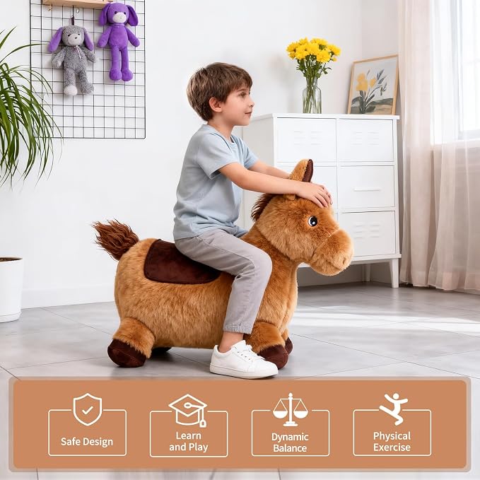 INPANY Bouncy Horse for Toddlers - Plush Brown Bouncing Horse Hopper, Ride on Animal Toys for Girls Boys, Outdoor Indoor Inflatable Horse Gifts - Plush Covered (Include Pump)