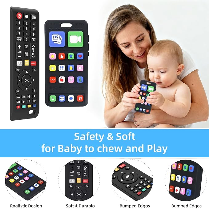 Baby Silicone Teething Toys for Babies 0-6 Months,Phone and Remote Teether Toys for Toddlers 6-12 Months,2 Pack Teether Toys Sensory Toys for Babies,Baby Chew Toys for 6-12-18 Months