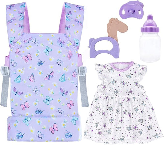 Baby Doll Carrier with Doll Accessories Doll Carrier for Kids, Reborn Doll Baby Carrier with Adjustable Straps for 16-22 Inch Baby Doll with Accessories, Purple
