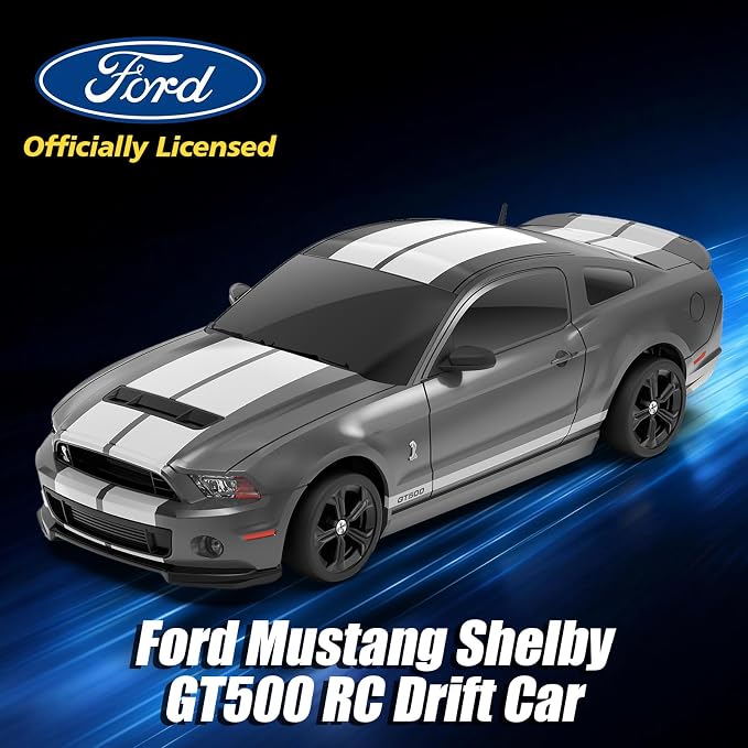 YONCHER RC Drift Car, Remote Control Car for Kids Ford Mustang Shelby GT500 Officially Licensed, 1:24 20KM/H 4WD with Lights, Fast Racing Toy Car for Boys Girls, Gray