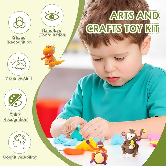 Air Dry Clay Kit for Kids -12 Dinosaur Theme Colored Clay Sculpting kit, Ultra Light DIY Model Magic Clay with Sculpting Tools and Tutorials, Soft & Non-Sticky, Arts and Crafts Gift for Kids
