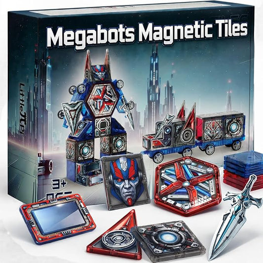 Little Pi Magnetic Tiles MegaBots 58 PCS | Heroic Transformation Robots with Sword & Shield | STEM Creative Building Play for Kids Age 3 4 5 6 7 8