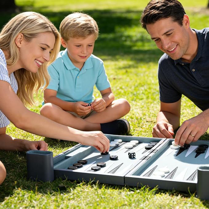Backgammon Set - Classic Board Game with Premium PU Leather Case - Portable Travel Strategy Backgammon Game Set for Adults, Kids Family Game Night, Vacation & Gifts (18inch Large, Gray)