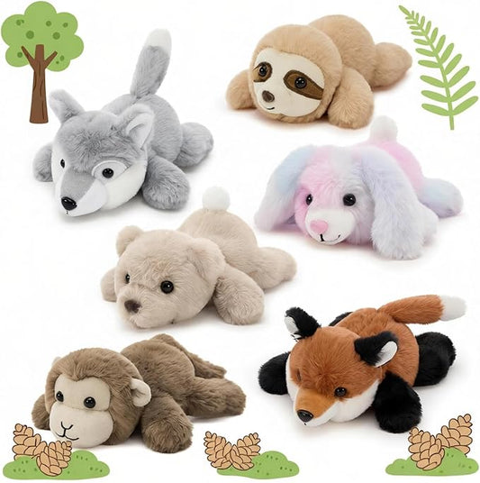 Tezituor 6 Pcs Forest Stuffed Animals Bulk, 7" Small Woodland Plush Fox Wolf Sloth Bear Monkey Puppy, Cute Assorted Plushies Toy Gift for Kids Baby Shower Birthday Party Favor