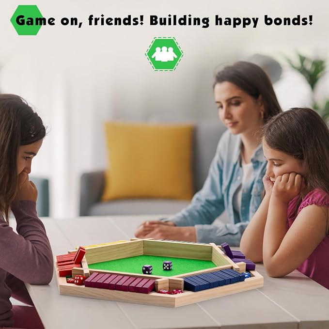 Shut The Box Game Large for 6 Players, 15 inch Wooden Board Table Math Game with 16 Dice and Instructions, Classics Close The Box Board Game