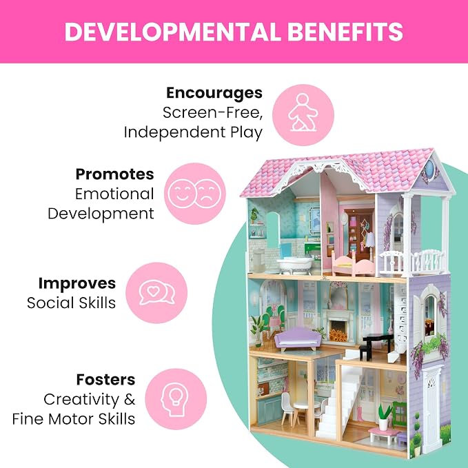 Delta Children MySize Dollhouse - Large 3-Story Dollhouse with 7 Rooms Includes 12 Accessories - Fits 12-inch Dolls - Pretend Play Dream Gift for Ages 3+