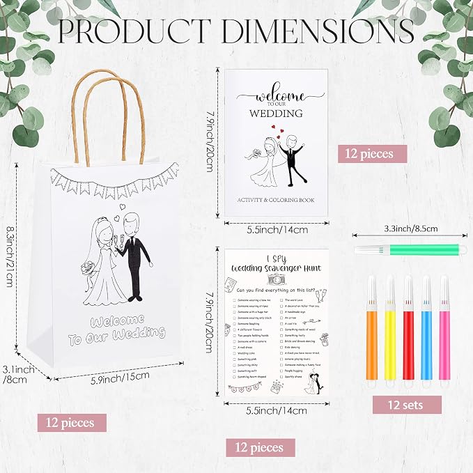 Gueevin 48 Pcs Wedding Activities for Kids Coloring Books Individually Packaged Wedding Coloring Books Gift Goodie Bags and Scavenger Hunt Sheets for Kids Games Favors (Watercolor Pens)
