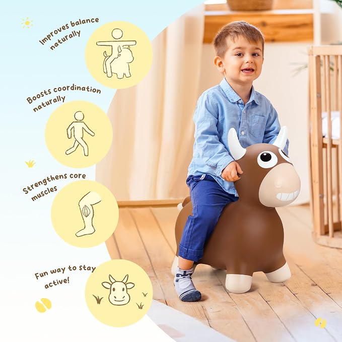 ZOOJOY Bouncy Animal Hopping Toys, Inflatable Brown Bouncy Hopper for Toddles, Outdoor Indoor Bouncing and Riding Bull Toys for Boys Girls, Birthday Gifts for 18 Months 2 3 4 5 6 Yrs w/Pump