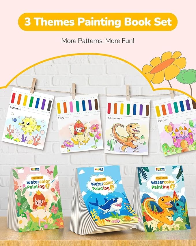TECJOE 3 Pack Paint with Water Coloring Books for Toddlers, Mess Free Watercolor Painting Set with 6 Brushes, Travel Art Craft Activities Toy Birthday Gifts for Kids Ages 3-8, Princess, Dinosaur & Sea