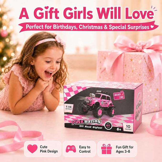 10Leccion Remote Control Car for Girls, Pink RC Truck with 2 Rechargeable Batteries, 2.4GHz Kids RC Monster Truck Toy, Easy Control Birthday Gift for Girls Ages 3-8
