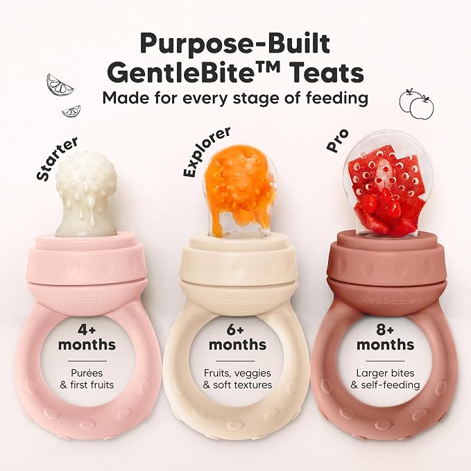 KeaBabies Baby Fruit Feeder 2pk - Silicone Baby Food Feeder for Babies 6-12 Months, Breast Milk Popsicle Teether, Weaning, Pacifier, Freeze Frozen Solid Food, Infant Feeding Essential (Mist Rose)