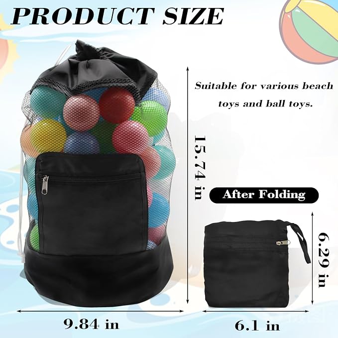 INVODA Mesh Beach Bag Drawstring Beach Backpack Foldable Toy Organizer Bag Shell Adjustable Straps Large Capacity Swim Bag