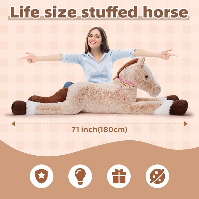 Tezituor 71inches Lifesize Horse Stuffed Animal, 6ft Ride Realistic Stuffed Horse Plush Toy for Boys Girls, Hugging Soft Pony Plush Body Pillow for Kids Adult